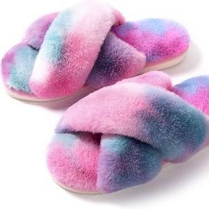 Memory Foam Cross Band Faux Fur Fuzzy Cozy Anti-Skid Slippers